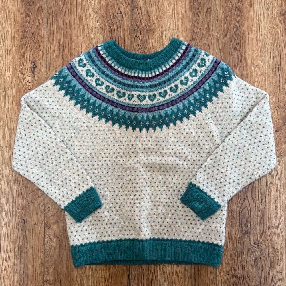 VTG Wool Chunky Knit Sweater Pullover Crew Neck Nordic Hearts Womens S Fair Isle
